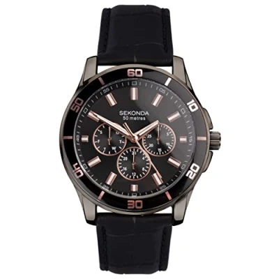 Image of Sekonda Midnight Men’s 44mm Quartz Watch in Black with Analogue Display, and Leather Strap 30026