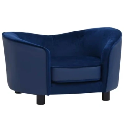 Image of vidaXL Pet Sofa Comfortable Plush and Faux Leather Dog with Wooden Frame Anti Slip Legs Blue, Suitable for Small Dogs Cats