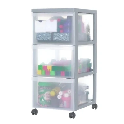 Image of Iris Ohyama Plastic Storage Drawer Unit with Wheels, 3 Deep Drawers, Grey, Easy Pull Handles, Supplies Organiser, For Bedroom, Bathroom, School &amp; Office, BPA Free, Chest, Tower, DC 303