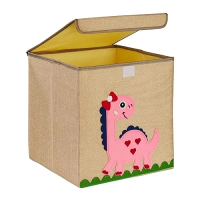 Image of Relaxdays Storage Box for Kids, Dinosaur Print, Toy Box, Foldable Basket, hwd: 33 x cm, Beige/Pink