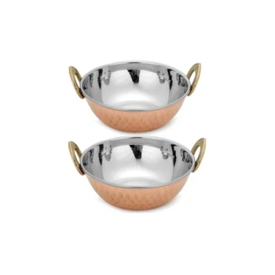Image of Zap Impex Indian Serving Dish Copper Hammered Stainless Steel Karahi for Dishes and Curry 2 Pieces Set, 17 cm Diameter, Silver, 43235 139604