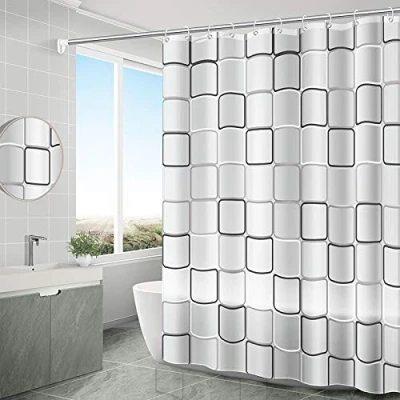 Image of WOODFIB Shower Curtain, 100% PEVA Waterproof Anti Mould Proof Resistant, Quick Drying, Washable Bathroom Includes 12 Pcs Curtain Hooks, 180 x cm (Plaid)