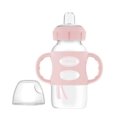 Image of Dr. Brown&#039;s Milestones Wide Neck Sippy Bottle with 100% Silicone Handles, Easy Grip Soft Spout, 9oz/270mL, 6m+, Light Pink, 1 Pack, BPA Free