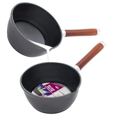 Image of 14cm 1L Non Stick Milk Pan Cookware Black Stir Kitchen Wooden Handle Cooking Pouring Spout Easy to Clean and Multipurpose Boil Eggs Warming 1 Litre