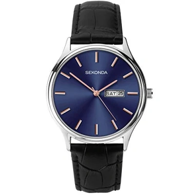 Image of Sekonda Black Leather Midnight Blue and Rose Gold Dial Watch 1701