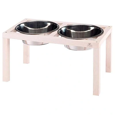 Image of Ferplast Desco Wood Dog Bowl Holder with 2 Stainless Steel Bowls Stylish, Non Slip, Raised Wooden Water and Food Bowl, 5,6 Liter
