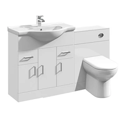 Image of VeeBath Linx 1250 Vanity Unit Furniture Set, Wash Basin Bathroom Sink, WC, BTW Toilet Pan, Soft Close Seat, Concealed Cistern White (Flat Pack)