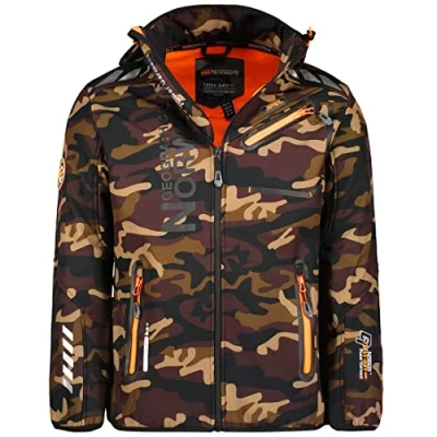 Image of Geographical Norway Royaute Men&#039;s Waterproof Softshell Jacket, Outdoor Hooded Coat, Windproof Tactical Resistant Winter Jacket for Activities, Camo Khaki / Orange, L