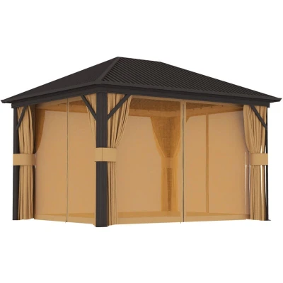 Image of Outsunny 3.6 x 3 (m) Metal Garden Hardtop Gazebo with Screened Curtain Brown 84C 095V04BN