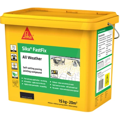Image of Sika FastFix All Weather Self Setting Paving Jointing Compound Ready To Use No Mixing Required Charcoal 15kg 17 sq. m