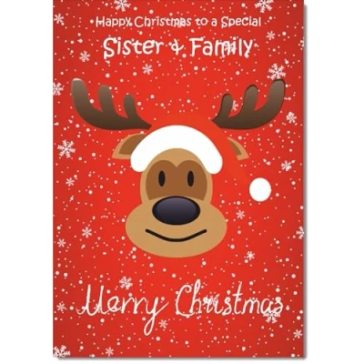 Image of doodlecards Sister and Family Christmas Card Rudolph on Red Background Medium Size for &amp; with Plain Envelope