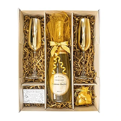 Image of Laurent Perrier Champagne 75cl Gold Edition Gift Set With 2 Matching Flutes, Belgian Chocolates and Box Gifts for Golden Anniversary or Wedding (Metallic Tops)