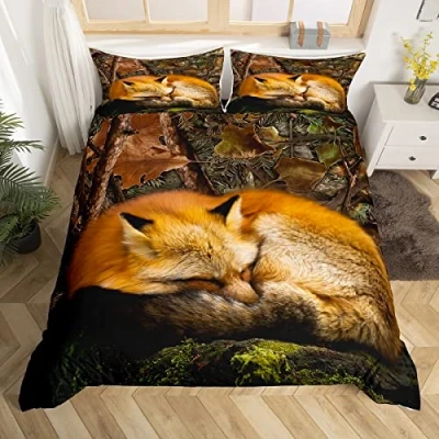 Image of Fox Bedding Set Safari Animal Comforter Cover Hunting Theme Duvet For Kids Boys Girls Sleeping Wildlife Farmhouse Rustic Bedspread With 2 Pillow Cases Bedroom Decor King Size