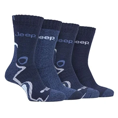 Image of Jeep 4 Pairs Mens Anti Blister Thick Cushioned Luxury Boot Socks for Outdoor Activities Hiking Walking Trekking (6 11, Denim/Navy)
