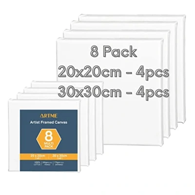Image of Artme Pre stretched Canvas 8pcs 20x20CM 4pk, 30x30CM 4pk Artist Framed Square 1.7cm, 280GSM/100% Cotton Blank Triple Primed, Acid Free, Medium Grain Acrylic/Oil