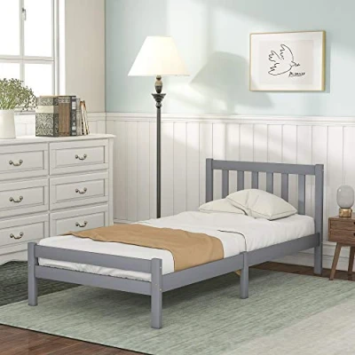 Image of Merax 3ft Single Bed, Space saving and Elegant, 6 Supporting Legs, Solid Wooden Bed Frame with Headboard Footboard for Adults, Kids Teenagers, 90x190cm, Grey