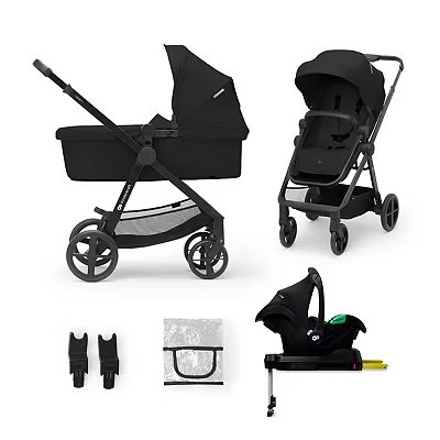 Image of Kinderkraft Newly 4 in 1, Stroller, Pushchair, Travel System, Pram, Newborn Baby, Large Hood, Accessories, Easy Folding, Included Car Seat with ISOFIX Base, from Birth up to 22 kg, Black