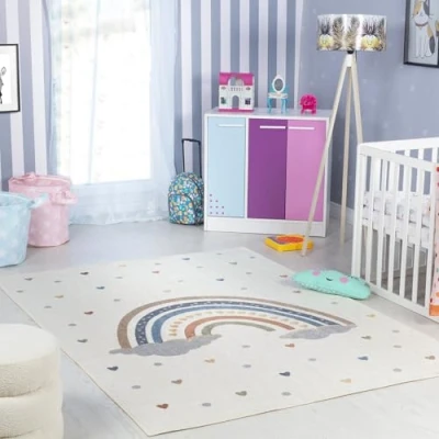 Image of Livabliss Rainbow Washable Kids Rug Childrens for Bedroom 120x170 cm, Machine Girls &amp; Boys Rug, Playroom Nursery Rugs Girl or Boy Room Baby Carpet, Cream