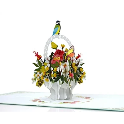 Image of Flower Basket Bird Pop Up 3D Card.Delightful surprise greeting card for Her, Mother, Daughter, Wife, Granddaughter, Sister, Grandma, Girlfriend.Perfect Mother’s Day, Birthday’s,Thank you15cmx15cm