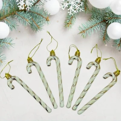 Image of Glitter Candy Cane Christmas Tree Hanging Decoration Bauble Xmas Ornament Pack of 6 13cm (Champagne)