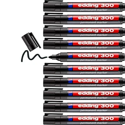 Image of edding 300 permanent marker black 10 pens round tip 1.5 3 mm waterproof, quick drying, smear proof for cardboard, plastic, glass, wood, metal and fabric