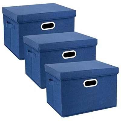 Image of TYEERS Large Storage Box with Lid, Collapsible, Washable, Fabric for Clothes, Wardrobe Storage, 44x30x29 cm, Set of 3, Classic Blue