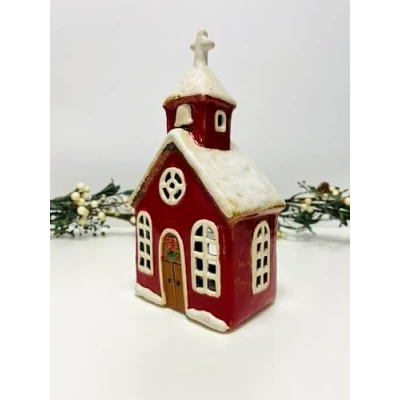 Image of Cottage Ceramic House Village Tealight Candle Holder Home Pottery Ornament (Christmas Church (24cm))