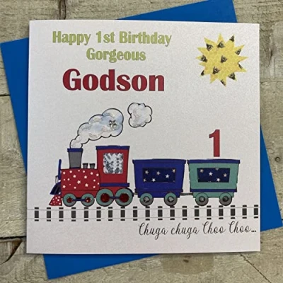 Image of WHITE COTTON CARDS Handmade Gorgeous Godson 1 Choo Train 1st Birthday Card, White, N229