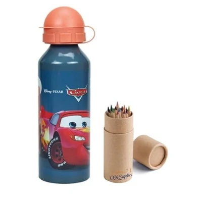 Image of OM SUPPLIES Cars Characters Aluminium Sports Bottle 520ml Holiday, Back to School Water Drinking Kids Lunch Children Includes Half Size 12pcs (Cars)