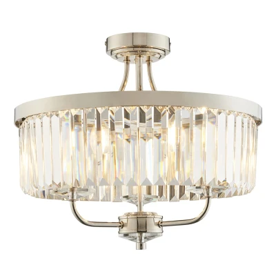 Image of Ascoli 3 Light Ceiling Semi Flush Bright Nickel Plate &amp; Clear Cut Glass