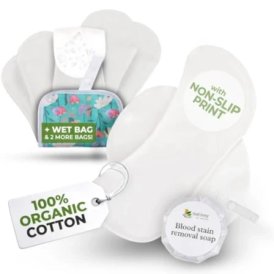 Image of Non Slip Premium Reusable Sanitary Pads for Light Flow (S+M, 6 Pack); High Temp Washable Organic Cotton Period Women &amp; Teens; Irritating, Soft Comfortable Care