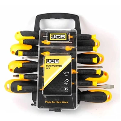 Image of JCB 35pc Screwdriver Set Includes 7pc Screwdrivers, 10pc Precision Screwdriver, 17pc Bits and Magnetic Bit Holder Contained in Storage Frame