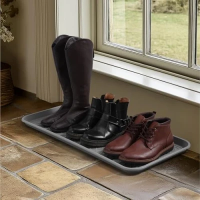 Image of Navaris Set of 3 Shoe Drip Trays Multi Purpose Boot Tray For Rain Boots, Winter Wellies Indoor or Outdoor Use in All Seasons XL, Grey