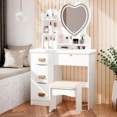 Image of cadciehe Dressing Table with LED Lights Makeup Vanity Desk Lighted Heart Mirror, 4 Drawers and Opening Shelves, Bedroom Stool White