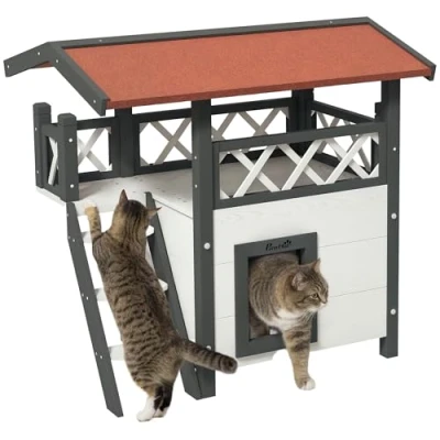 Image of PawHut Cat House Outdoor, Wooden Feral with Balcony Stairs Asphalt Waterproof 77L x 50W 73Hcm White