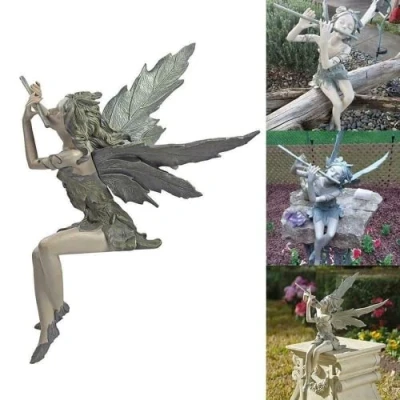 Image of Welink Flute Fairy Flower Statue Sitting Sculpture Garden Ornament Craft Resin Figurines Gift for Landscaping Yard Decoration