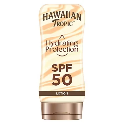 Image of Hawaiian Tropic Hydrating Protection Sunscreen SPF 50 UVA and UVB Protection, 180 ml, 12 Hour Moisturisation with Cocoa Shea Butter, Water Resistant, Vegan