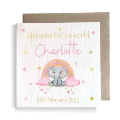 Image of Second Ave Personalised Baby Girl Newborn Congratulations Rainbow Elephant Square Card