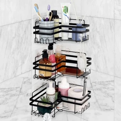Image of Belle Vous 3 Pack of Shower Corner Caddy Shelves with Hooks Adhesive Bathroom Organiser Rack Set No Drilling Iron Wall Mounted Holders for Soap, Shampoo or Kitchen Storage