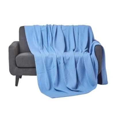 Image of HOMESCAPES 100% Organic Cotton Waffle Blanket Blue Double Bed Size 228 x cm Super Soft Combed Throw