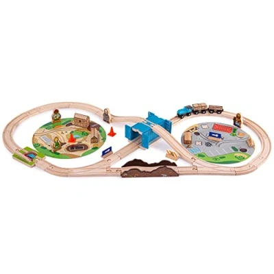Image of Bigjigs Rail Construction Train Set 50 Piece Wooden Railway, Builder Toy Trains Sets &amp; Tracks For Toddlers, Girls Boys Childrens Toys 3 Year Old +