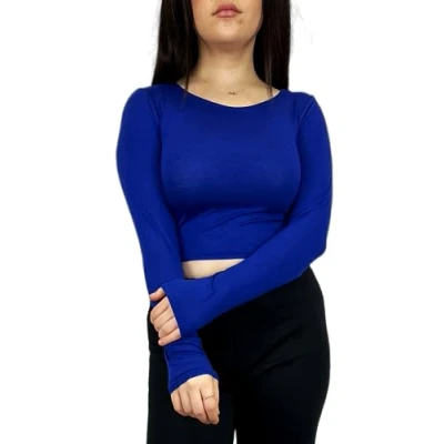 Image of Womens Crop Long Sleeve T Shirt Ladies Short Plain Basic Round Neck Shirts Top 8 14 Royal Blue