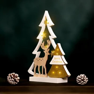 Image of Garden Mile® Battery Operated White Shabby Chic Wooden Glittering Christmas Tree &amp; Reindeer with Warm LED Lights Xmas Festive Window Table Decoration Ornament.