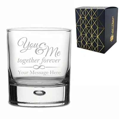 Image of Personalised Engraved Whisky Glass Tumbler with You &amp; Me, Together Forever Design, Gift Boxed, Personalise Any Message for Valentines, Anniversaries