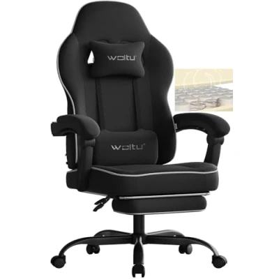 Image of WOLTU gaming chair with pocket spring cushion, armchair 150 kg load capacity, ergonomic swivel chair, gamer head lumbar footrest, tech fabric, Black, GS10sz