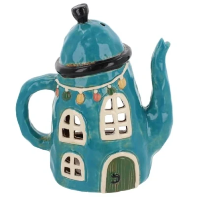 Image of Shudehill Giftware Village Pottery Ceramic Tealight Holder Teapot House Green or Blue (Blue)