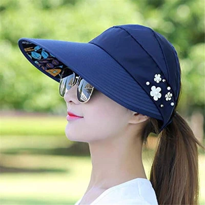 Image of Metyou Sun Hats Women Summer Hat Outdoor UV Protection Wide Large Brim Cap Beach Visor Caps Foldable (Navy)