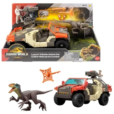 Image of ​Mattel Jurassic World Rebirth Vehicle with 1 Human &amp; Dinosaur Figure, Launch ‘N Battle Truck, Martin Krebs Figure Raptor, Turret 2 Projectiles, JGB59