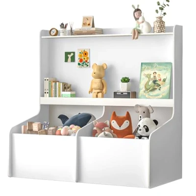 Image of Kids Bookshelf and Toy Organiser, Bookcase with 2 Compartments, Children Room Toys Books Storage Organizer, Book Shelf Organizer Holder, for Bedroom, Room, Playroom, Nursery (White)