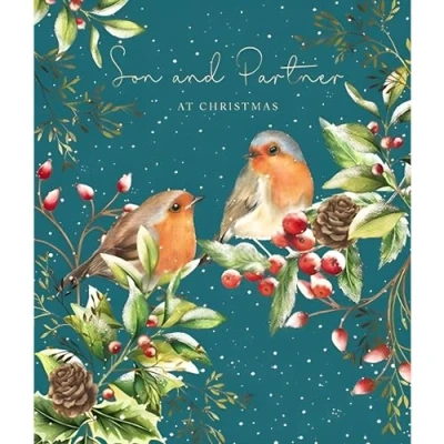 Image of Son and Partner Christmas Card Robins on Berry Branches Artistic Festive Design Special Finish Made in the UK Eco Friendly